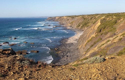 Rocky rugged coastal landscape on the Rota Vicentina Fisherman's Trail long distance footpath