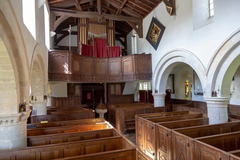 Historic interior of Saint John the Baptist church, Mildenhall, Wiltshire, England, UK