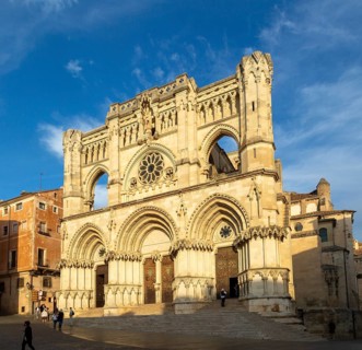 Frontage of cathedral church building, Cuenca, Castille La Mancha, Spain, Gothic architecture,