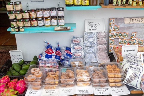 Display of local food specialities on sale outside shop, Frigiliana, Axarquia, Andalusia, Spain,