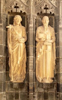 Stone carved reredos figures Saint Helena and Saint Paul, church of Saint Andrew, Bramfield,