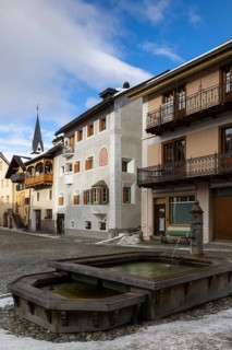 Wooden fountains, historic houses, sgraffito, facade decorations, Ardez, Engadin, Grisons,