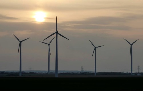Windmills in a wind farm, Nauen, 03/03/2021