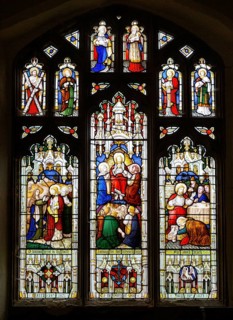 Stained glass window East Bergholt church, Suffolk, England, UK, Acts of Mercy c 1873 by Lavers,