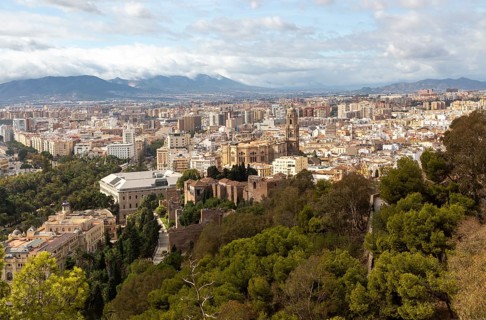 Cityscape view over city centre high density buildings, Malaga, Andalusia, Spain, cathedral church