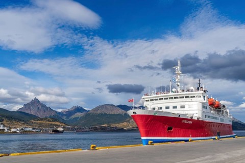 Cruise ship named Expedition in the harbour at the Beagle Channel, Ushuaia, Tierra del Fuego