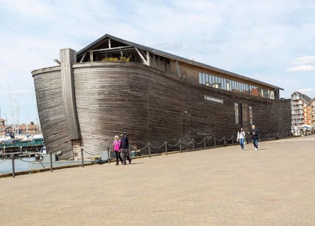 Noah's ark replica floating museum ship Verhalen Ark, Wet Dock, Ipswich, Suffolk, England, UK