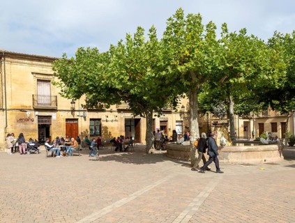 People sitting outside a cafe in Plaza Mayor, village of San Vicente de la Sonsierra, La Rioja,