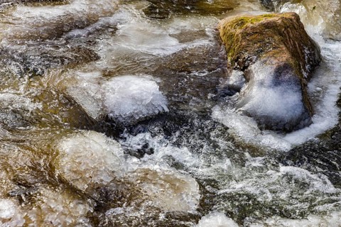 Severe frost has formed bizarre ice formations in the riverbed of the Gottleuba, Bergieshuebel,