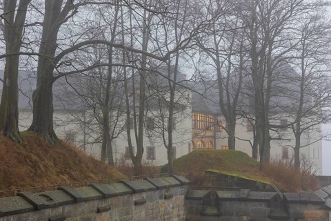 Winter atmosphere at the mountain fortress. Georgenburg Castle, Koenigstein, Saxony, Germany,