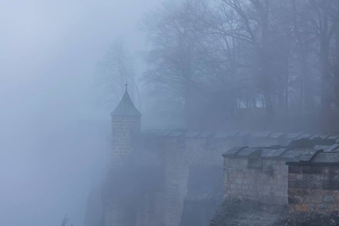 Winter atmosphere at the mountain fortress, Koenigstein, Saxony, Germany, Europe