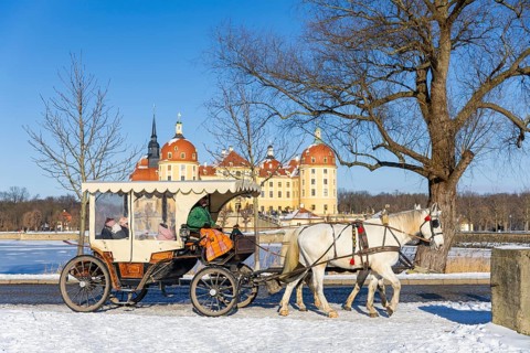 Carriage ride at the baroque hunting lodge Moritzburg, Moritzburg, Saxony, Germany, Europe