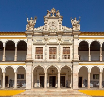 Facade of old chapel Colegio do Espirito Santo, historic courtyard of Evora University, Evora, Alto