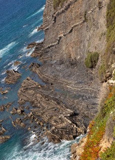Intensely folded rock of wave cut platform at the base of a steep cliff. Rocky rugged coastal