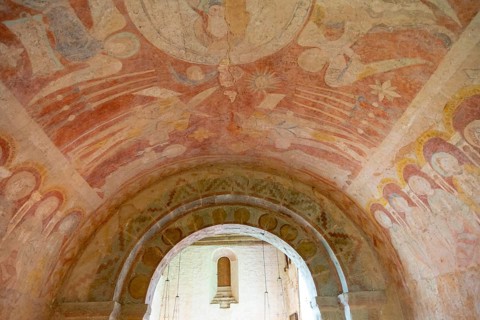 Medieval frescoes church of Saint Mary, Kempley, Gloucestershire, England, UK, Christ in Majesty