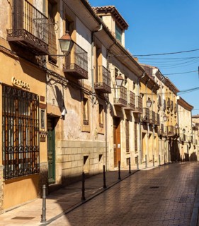 Calle Seminario historic street and buildings in centre of Siguenza, Guadalajara province, Spain,