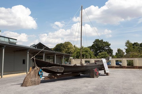 Replica ship at Sutton Hoo archeological site visitor centre, Suffolk, England, UK