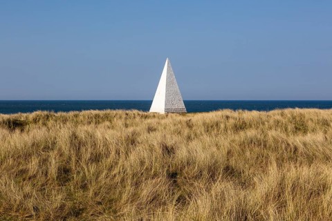 Emmanuel Head white pyramidal navigation beacon, Holy Island, Northumberland, England, UK built