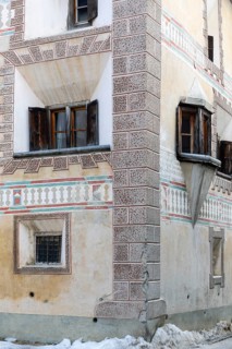 Oriel, window, historic house, sgraffito, facade decorations, Ardez, Engadin, Grisons, Switzerland,