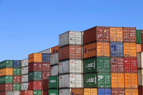 Large stack of shipping containers or storage containers in the Rhine harbour of Mannheim