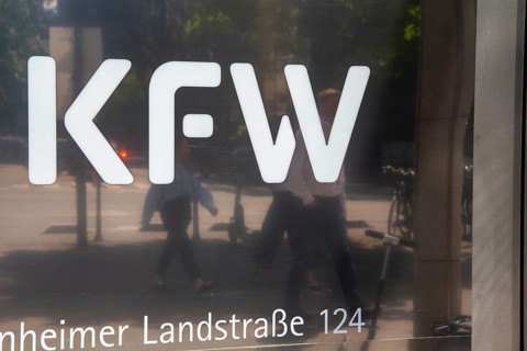 Logo of KfW (Kreditanstalt fuer Wiederaufbau) in the Bockenheimer Landstrasse in Frankfurt am Main