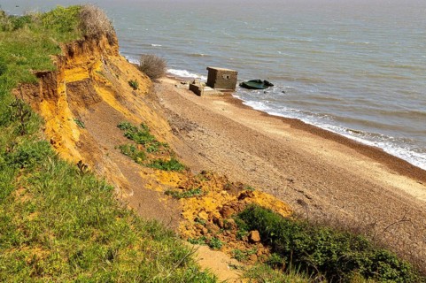 Soft cliffs rapid coastal erosion on North Sea coastline, coast at Bawdsey, Suffolk, England, Uk
