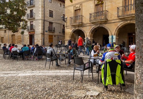 People sitting outside cafe Plaza Mayor, Briones, La Rioja Alta, Spain, Europe
