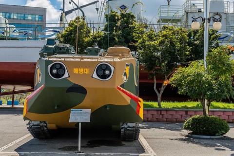 Front view of LVTP-7 amphibious assault vehicle on display at seaside park in Seosan, South Korea,