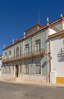 Historic Portuguese building facade of ceramic tiles Azulejo pattern, Castro Verde, Baixo Alentejo,