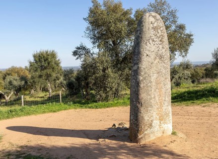 Neolithic standing stone 4 metres high called the Menir dos Almendres, near Evora, Alentejo,