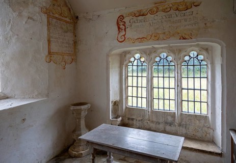 Chancel All Saints church, Leigh, Wiltshire, England, UK interior with ancient wall texts old