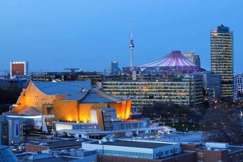 Philharmonie, Sony Center, DB Tower at Potsdamer Platz, Berlin, 26.04.2021