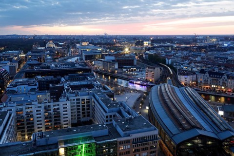Reichstag, Chancellery, Friedrichstrasse station in the evening, Berlin, 21.04.2021