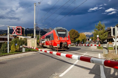 The Werdenfelsbahn, a local train operated by Deutsche Bahn, in Seefeld, Tyrol. The Werdenfelsbahn