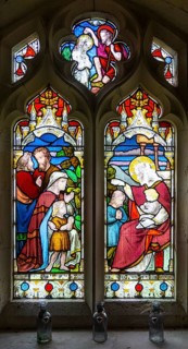 Stained glass window Washbrook church, Suffolk, England, UK c 1870 by Ward and Hughes, Suffer the