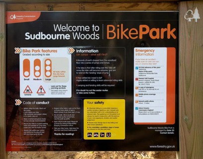 Sign at BikePark, Sudbourne Woods, Forestry Commission Bike Park, Suffolk, England, UK