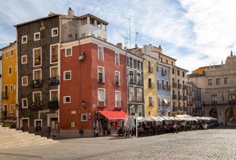 Colourful buildings cafes and shops, Plaza Mayor square, Cuenca, Castille La Mancha, Spain, Europe