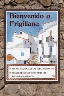 Bienvenido ceramic welcome sign to village, pueblo blanco ceramic mosaic, Frigiliana, Axarquia,