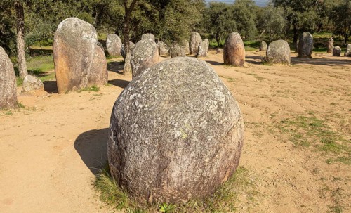 Neolothic stone circle of granite boulders, Cromeleque dos Almendres, Evora district, Alentejo,