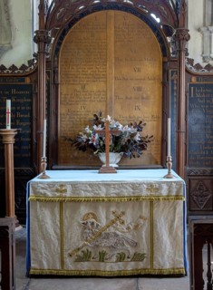 Historic interior of Saint John the Baptist church, Mildenhall, Wiltshire, England, UK