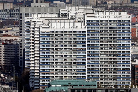 High-rise buildings on Leipziger Strasse, Berlin, 19.04.2021