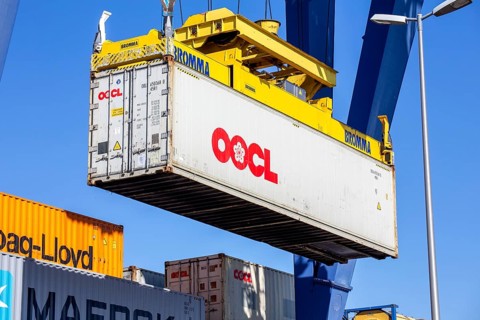 An OOCL Orient Overseas Container Line container is loaded in the port of Mannheim, Germany. Supply
