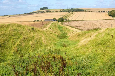 Ditch and earth bank rampart of Wansdyke view to Morgans Hill, near Devizes, Wiltshire, England, UK