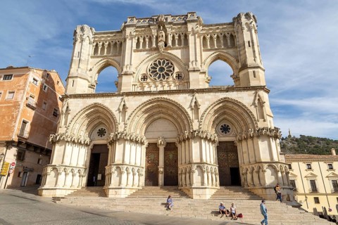 Frontage of cathedral church building, Cuenca, Castille La Mancha, Spain, Gothic architecture,