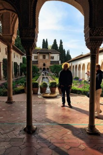 Moorish palace Generalife with green inner courtyard, tourists, Alhambra, Granada, Spain, Europe