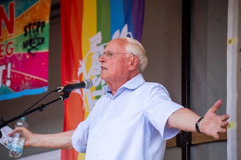 Oskar Lafontaine speaks at the peace demonstration in front of Ramstein Air Base against war and