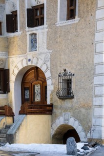 Entrance door, window, sgraffito, facade decorations, historic houses, Guarda, Engadin, Grisons,