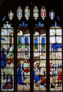 Sixteenth century stained glass windows inside church of Saint Mary, Fairford, Gloucestershire,