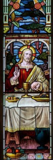 Stained glass window Kington St Michael church, Wiltshire, England, UK supper at Emmaus c 1894