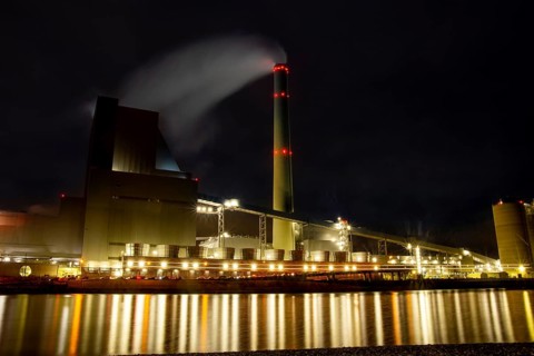 Night shot of the large power plant (GKM) in Mannheim. The large power plant in Mannheim is one of